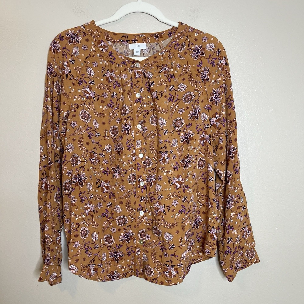 Women's Blouse Mustard Yellow‎ J Jill S Floral Boho Peasant Classic Cottage Core